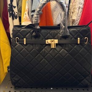 Badgley Mischka Quilted Black Satchel with Gold Details